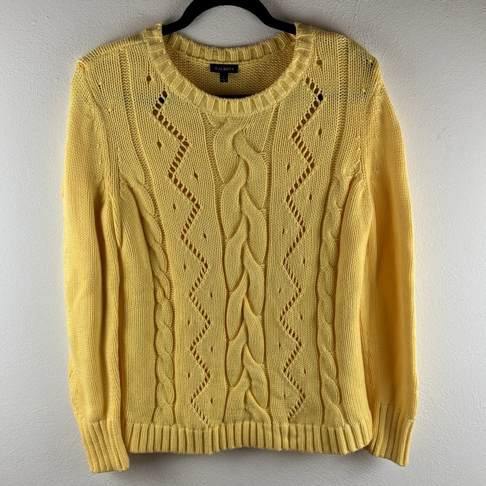Talbots Yellow Cable Knit Sweater Size M Eyelet Zigzag Detail Cozy Cotton Blend